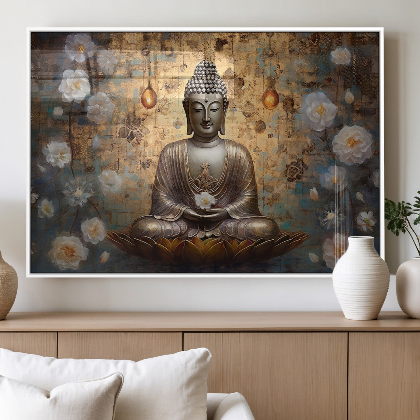 MGV-FP-60X30-3P - Golden Buddha Wall Art Canvas Print | Zen Meditation Floral Decor | Tranquil Spiritual Home Art |