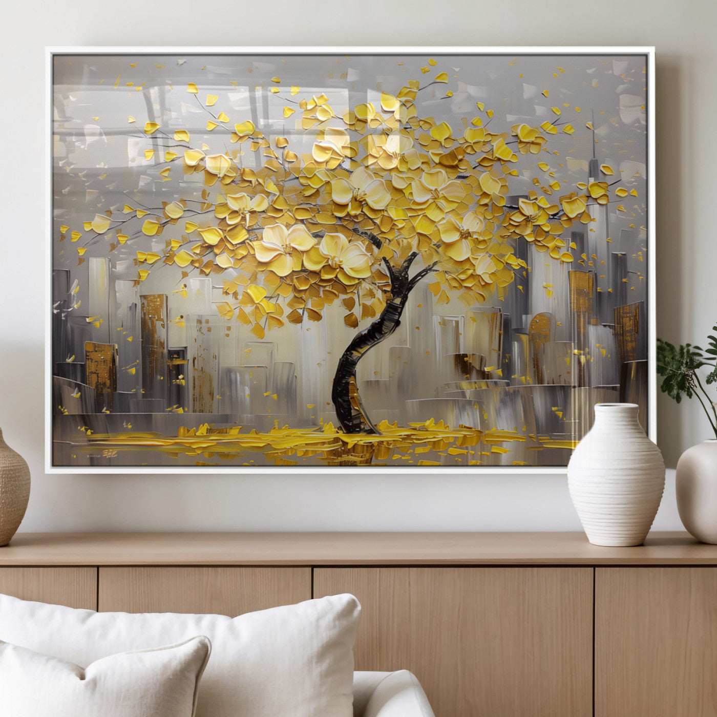 45538-MGV-FP-36X24-3P_White-Golden Tree Canvas Print | Abstract Wall Art for Modern Homes | Ready to Hang Framed Artwork
