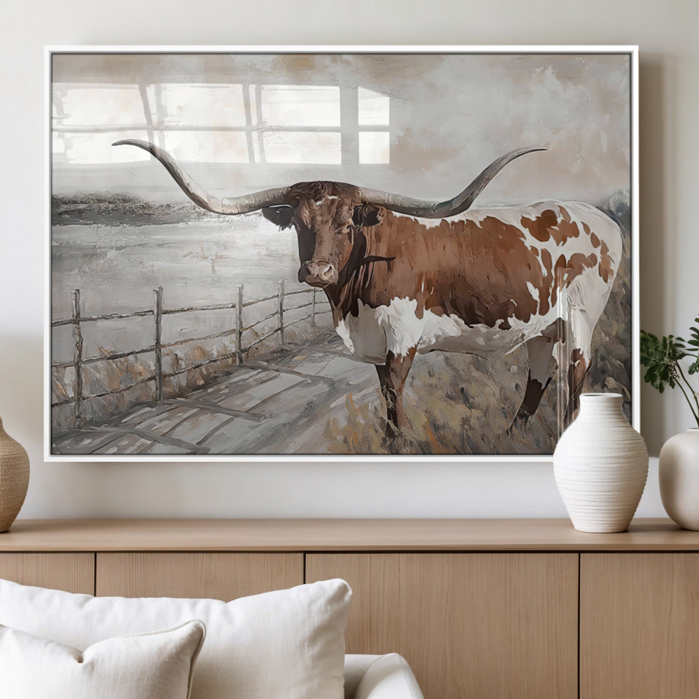 57340-MGV-FP-60X30-3P_White-Vintage Texas Cow Wall Art Canvas Print, Rustic Longhorn Wall Art | Canvas Print for Farmhouse Decor