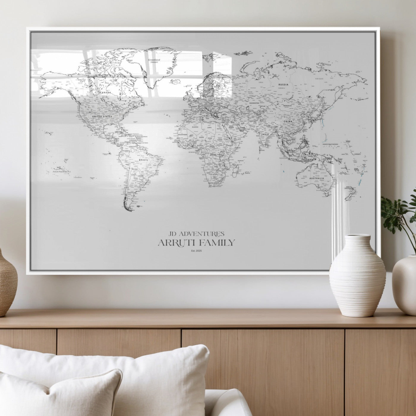 MGV-FP-60X30-3P - Custom World Map Wall Art – Personalized Framed Canvas Print with Push Pins for Travel Tracking,