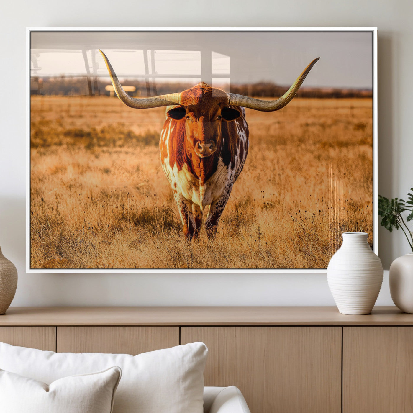 MGV-FP-60X30-3P - Longhorn Cow Wall Art | Ready to Hang Framed Canvas Print for Farmhouse and Barn Decor