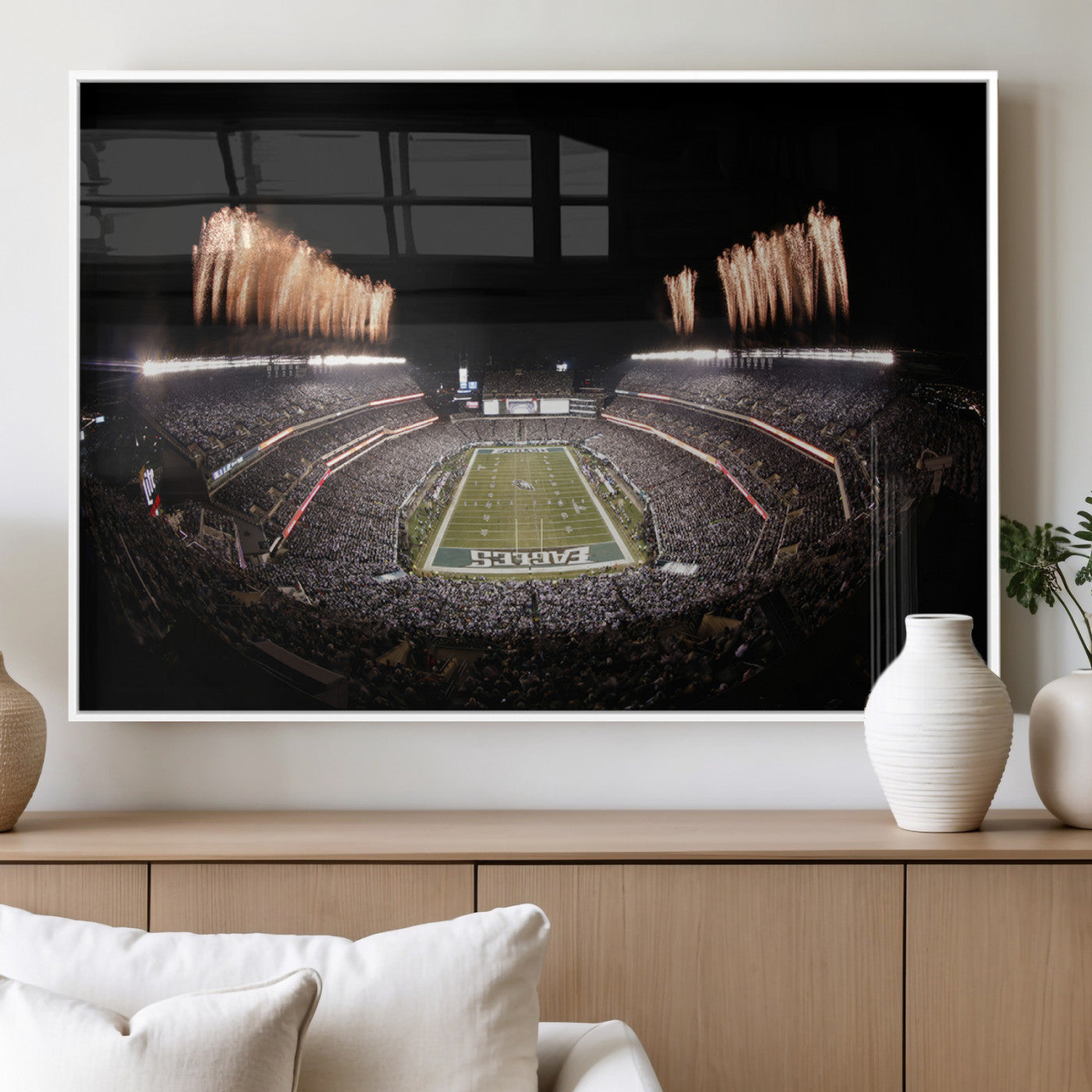 48893-MGV-FP-60X30-3P_White-Eagles Field Stadium Wall Art - Lincoln Financial Field Fireworks Game Triple Canvas Wall Art -