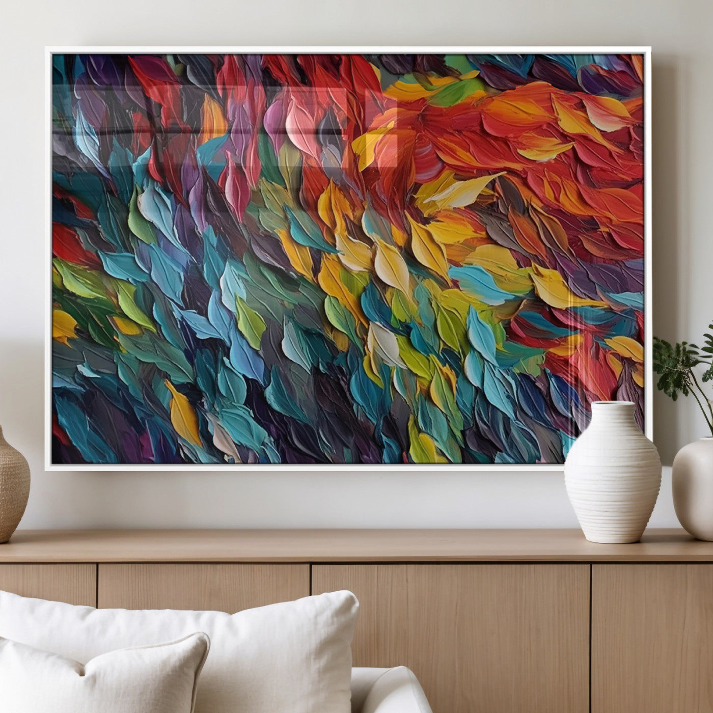 41557-MGV-FP-36X24-3P_White-Vibrant Abstract Leaf Wall Art Canvas Print | Bold Colorful Canvas for Living Room or Office | Ready