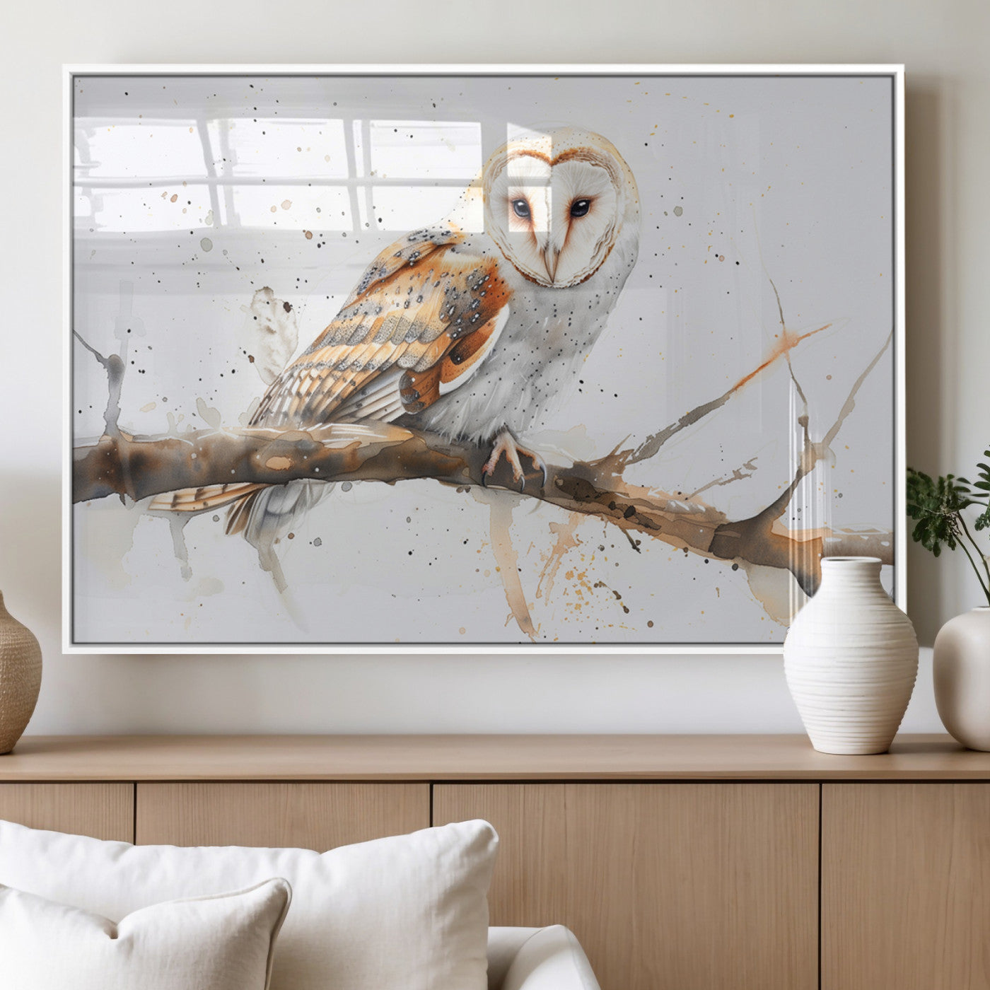 MGV-FP-60X30-3P - Barn Owl Wall Art on Branch | Stunning Canvas Print for Nature Lovers | Ready to Hang and Framed