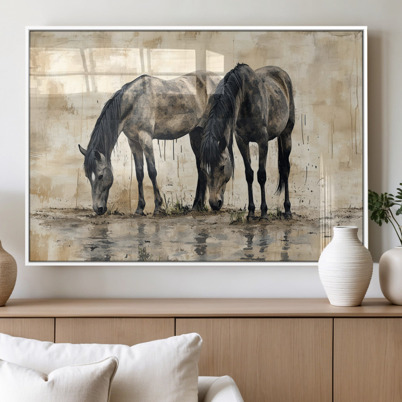 MGV-FP-60X30-3P - Chinese Style Abstract Black Horses Wall Art Canvas Print - Abstract Horse Wall Art Canvas Print