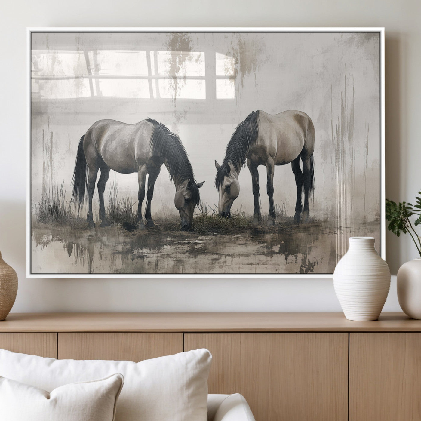 MGV-FP-60X30-3P - Chines Ink Style Vintage Horses Wall Art Canvas Print for Farmhouse Wall Decor