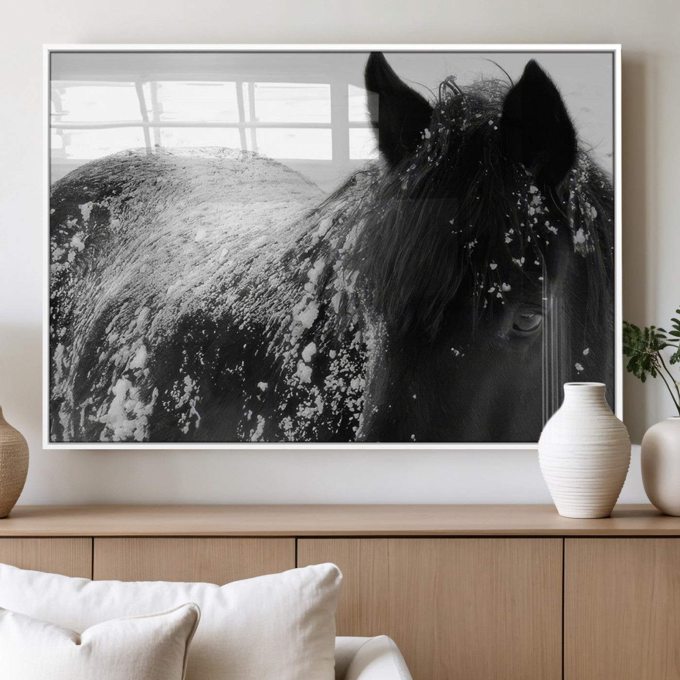 MGV-FP-60X30-3P - Black Horse in Snow Canvas Print | Winter Horse Wall Art | Ready to Hang and Framed | Farmhouse Wall