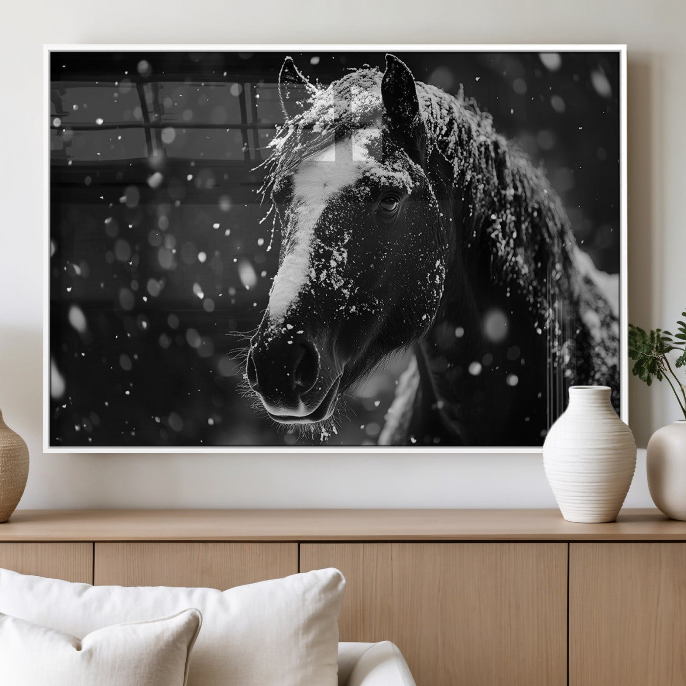MGV-FP-60X30-3P - Winter Horse Wall Art | Black and White Horse Print | Ready to Hang and Framed | Farmhouse Wall Art