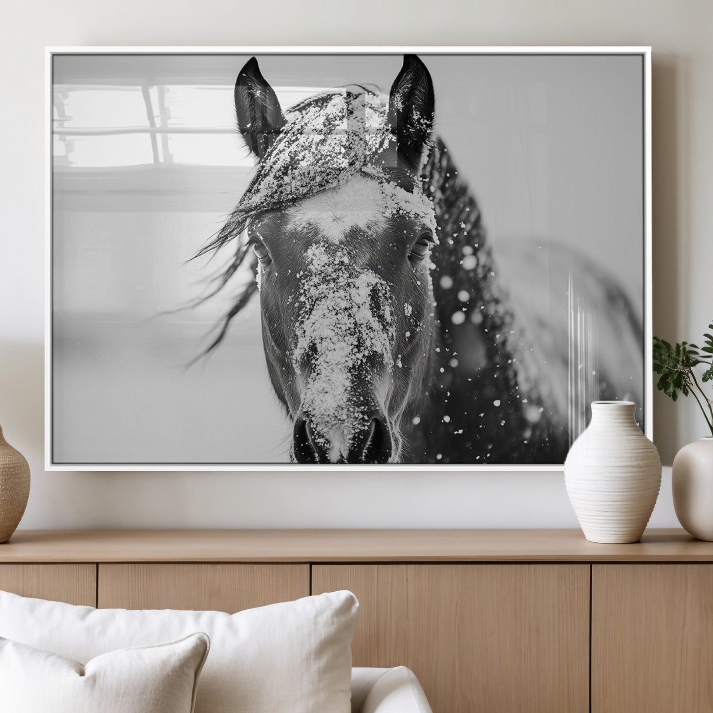 MGV-FP-60X30-3P - Western Wall Art | Black and White Winter Horse Wall Art | Ready to Hang and Framed | Farmhouse and