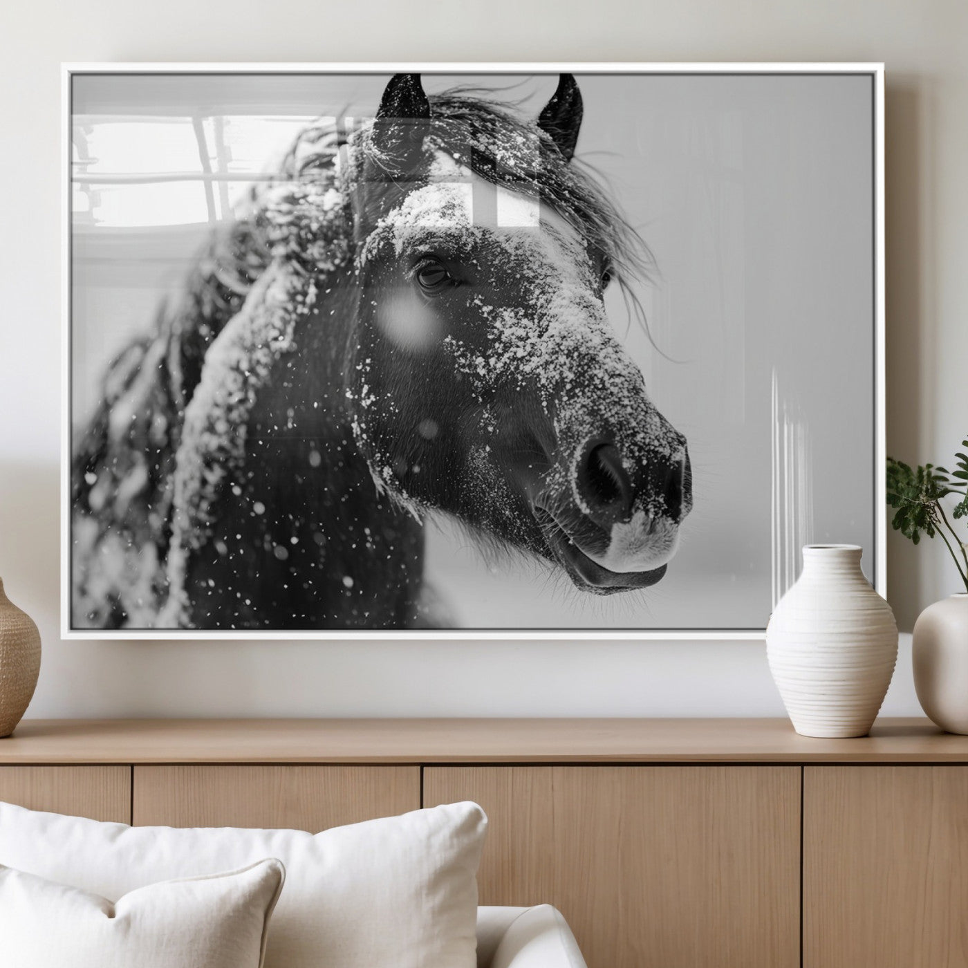 MGV-FP-60X30-3P - Winter Horse Canvas Print | Large 3-Panel Black White Equine Photography for Rustic Farmhouse Wall