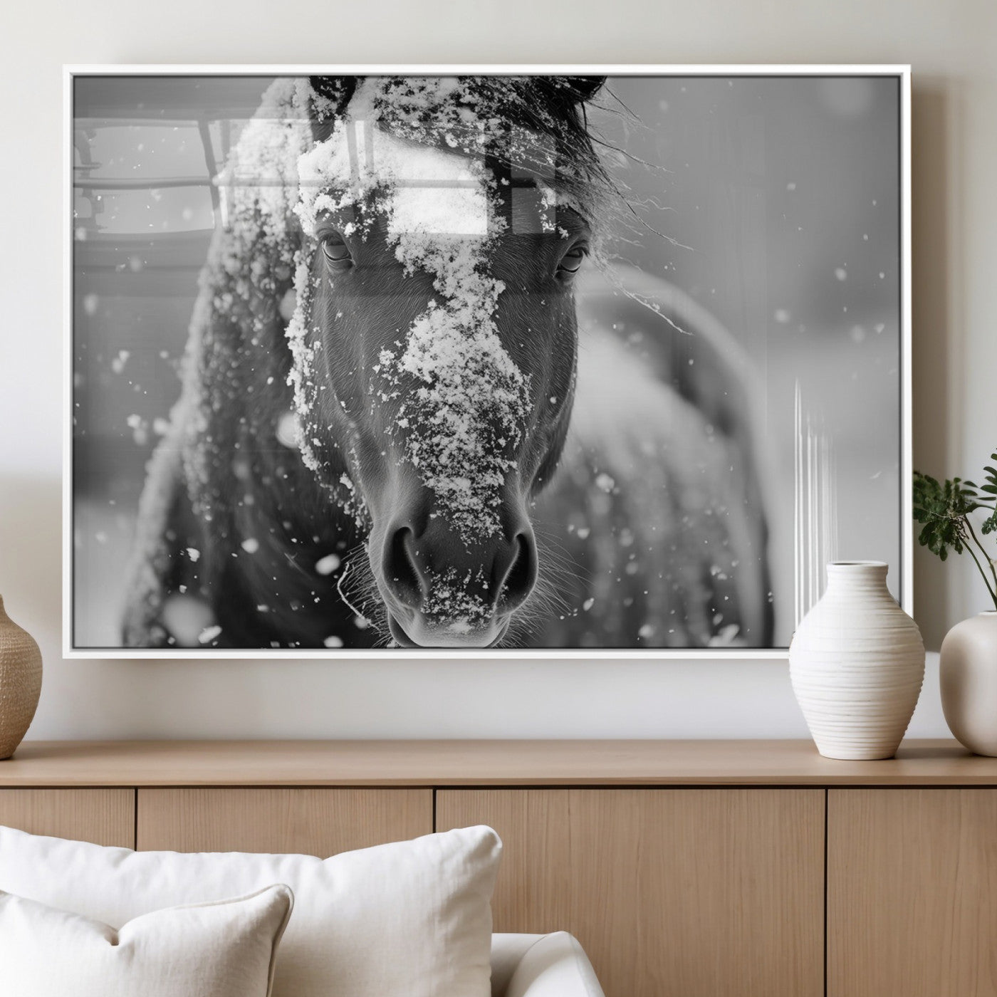 MGV-FP-60X30-3P - Black and White Horse Winter Wall Art | Ready to Hang and Framed | Farmhouse Wall Decor | Western