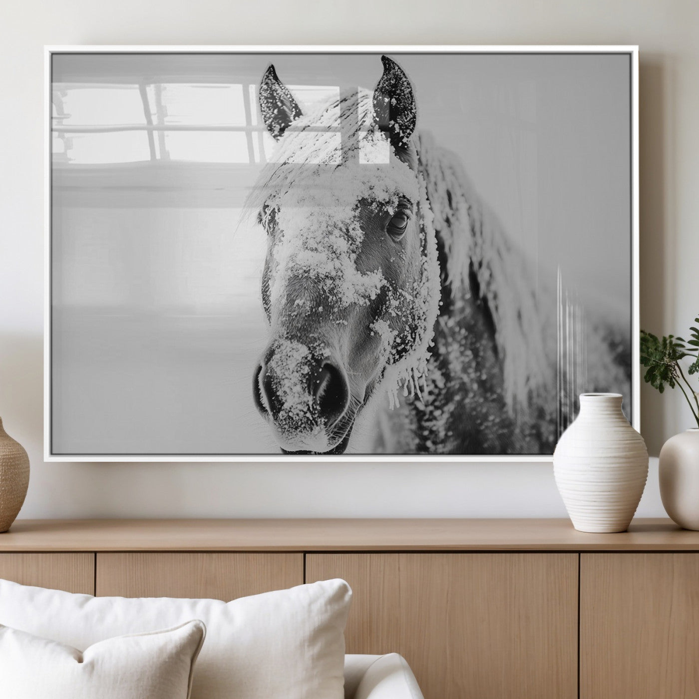 MGV-FP-36X24-3P - White Horse Wall Art | Ready to Hang and Framed | Winter Horse Wall Art Print for Farmhouse and