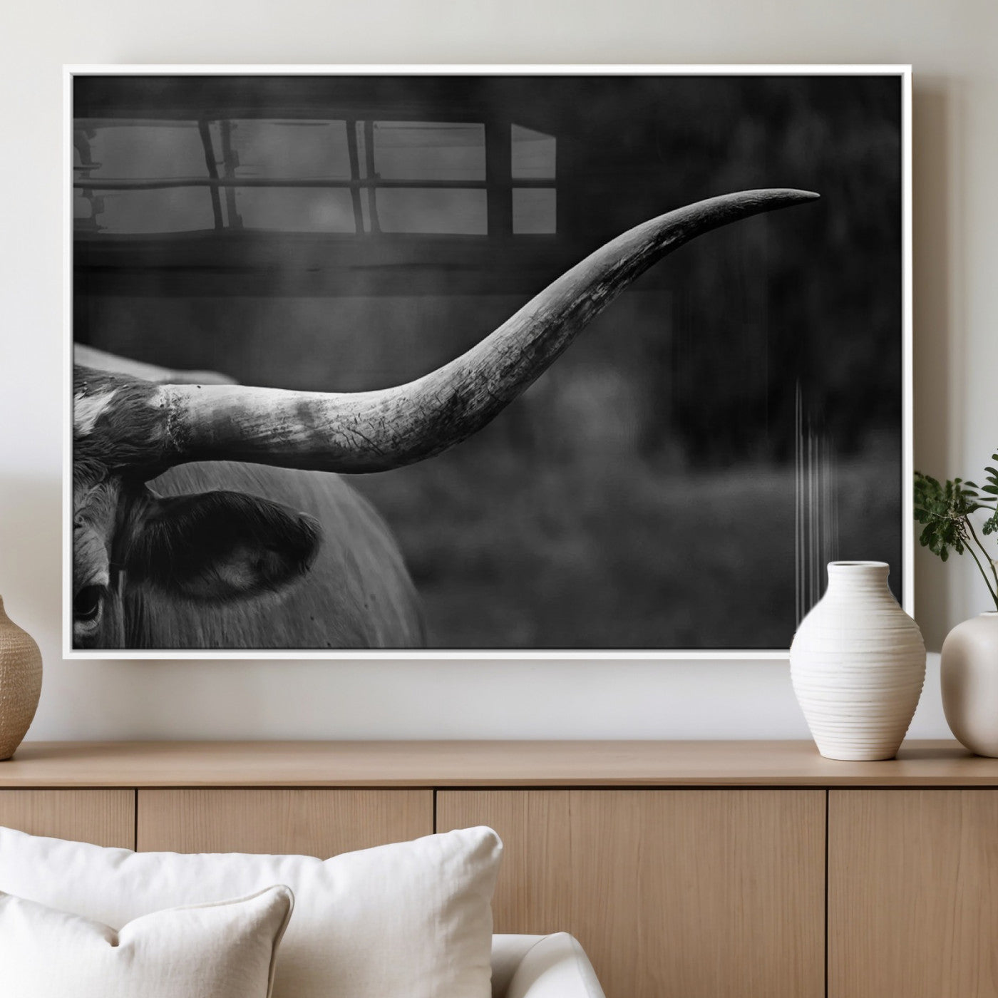 MGV-FP-60X30-3P - Cow Longhorn Wall Art | Black and White Print | Ready to Hang and Framed | Farmhouse Wall Decor |