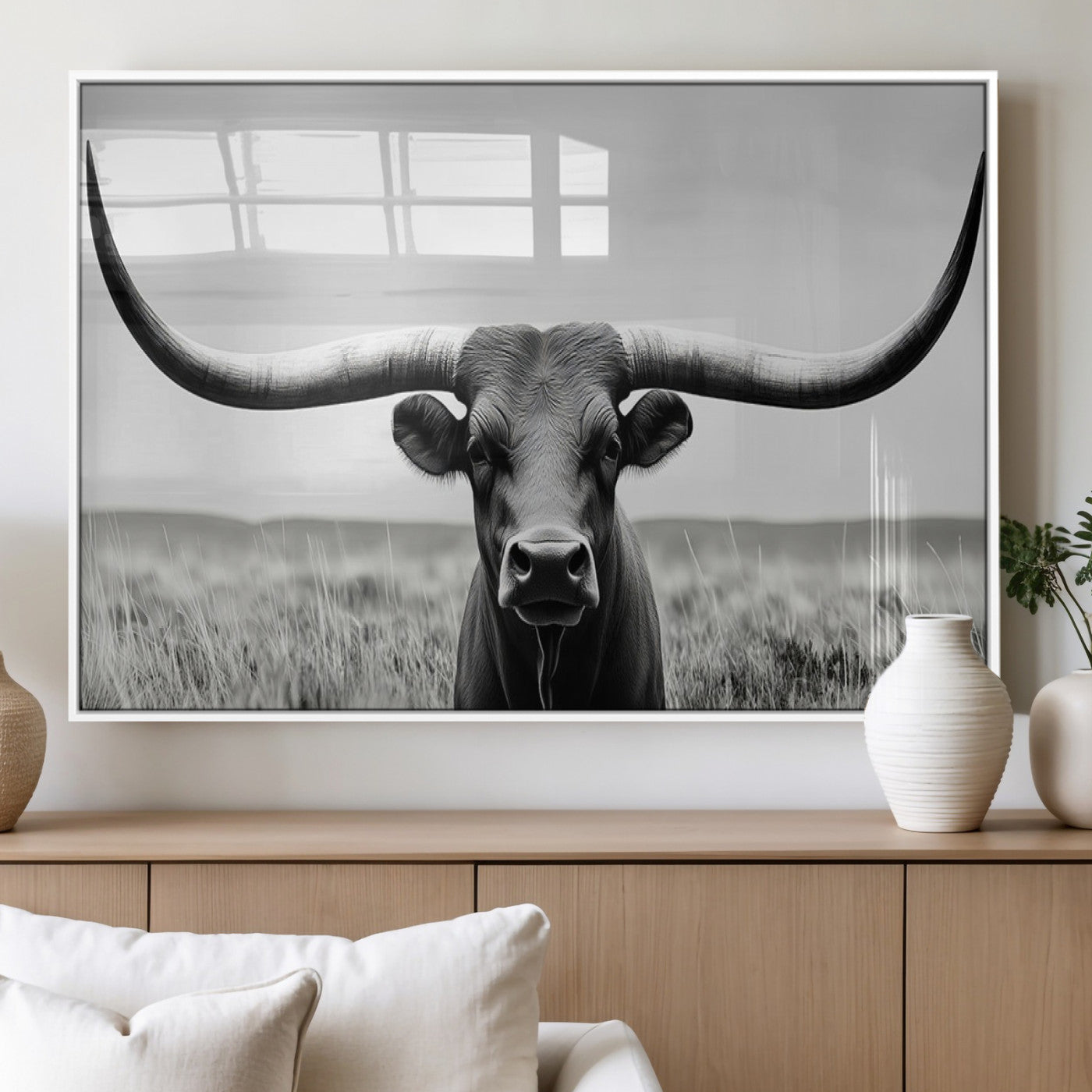 73780-MGV-FP-36X24-3P_White-Longhorn Bull Canvas Print | Rustic Farmhouse Wall Art | Western Decor | Ready to Hang and Framed
