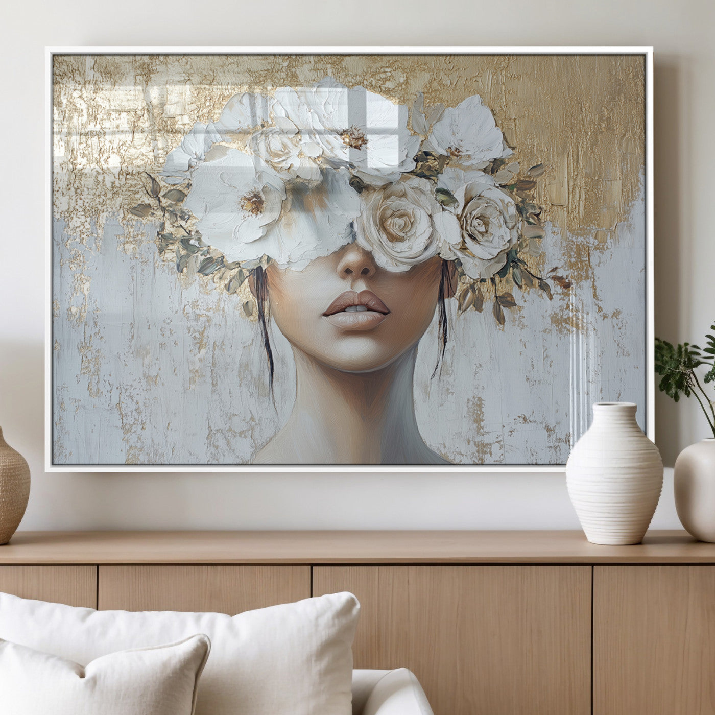 MGV-FP-36X24-3P - Golden Petal Wall Art - Canvas Print Flower Head Woman Painting Floral Woman Portrait Wall Decor,