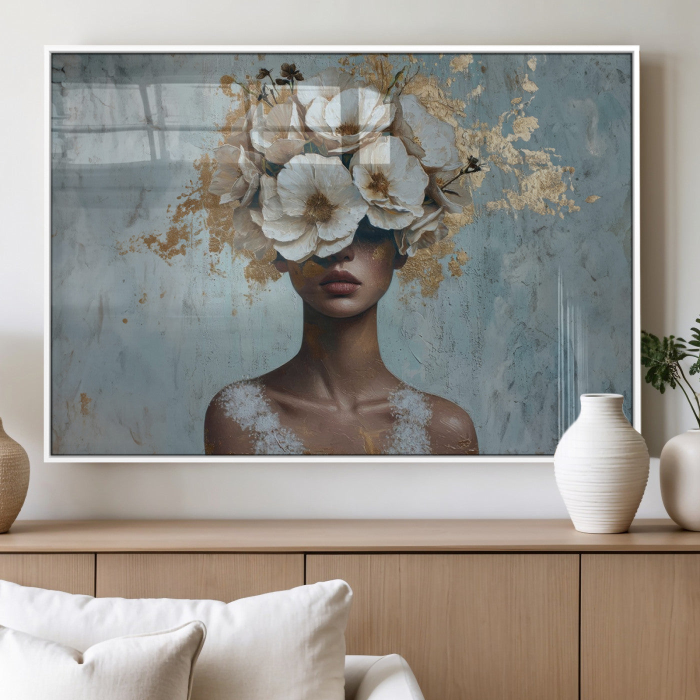 MGV-FP-36X24-3P - Golden Petal Wall Art - Petal Silhouette Woman Wall Art Canvas Print | Large 3-Panel Canvas with
