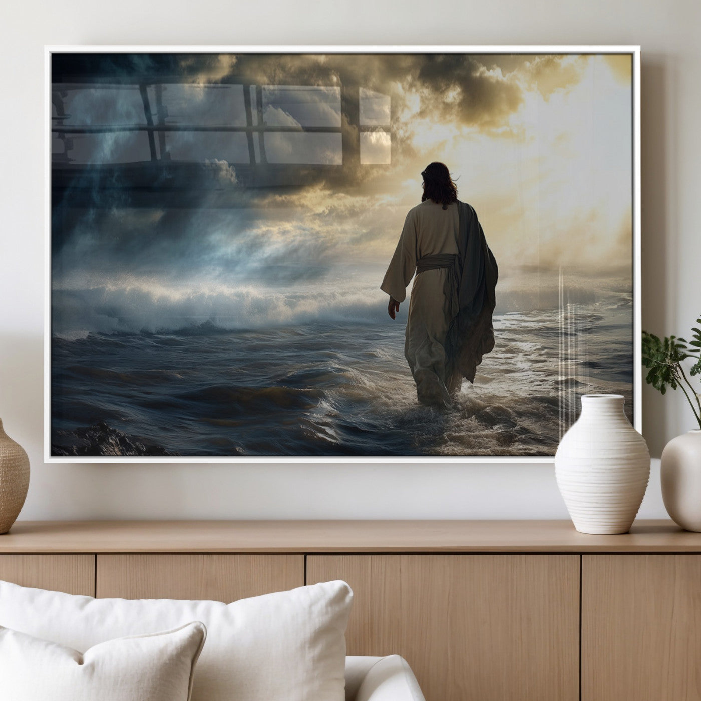 MGV-FP-60X30-3P - Jesus Walking on Water Wall Art | Canvas Print | Ready to Hang | Christian Home Decor | Spiritual