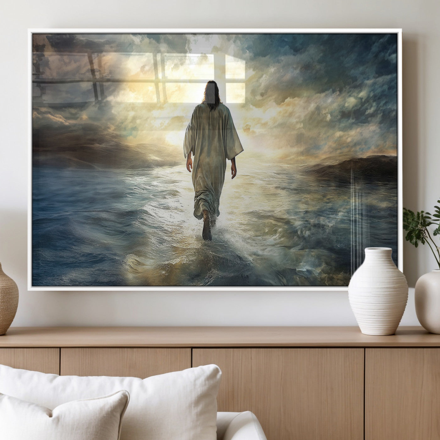 MGV-FP-60X30-3P - Jesus Walking on Water Wall Art | Canvas Print | Ready to Hang | Christian Home Decor | Spiritual