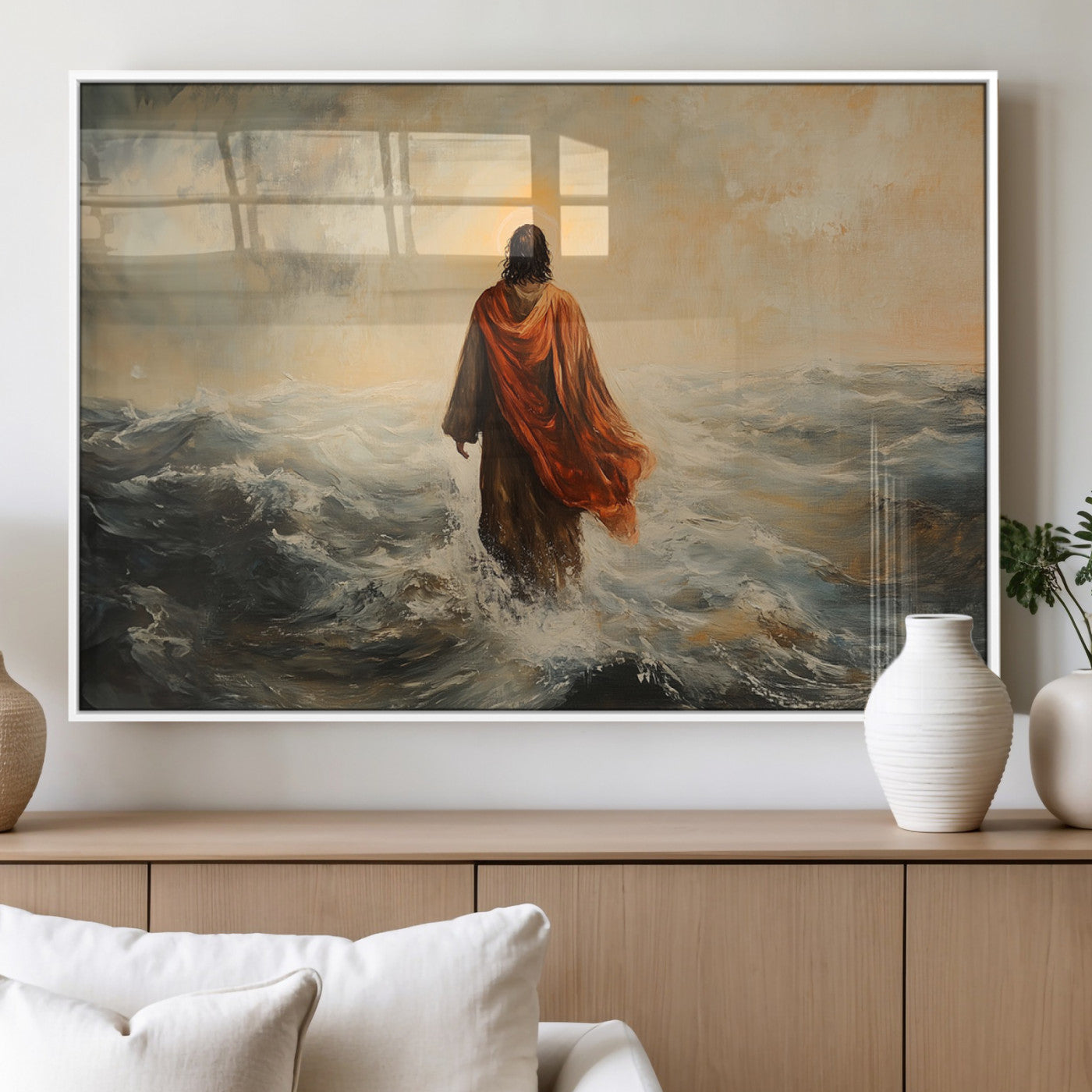MGV-FP-60X30-3P - Jesus Walking on Water, Christian Wall Art, Jesus Christ Walking on Oil Painting Style Print