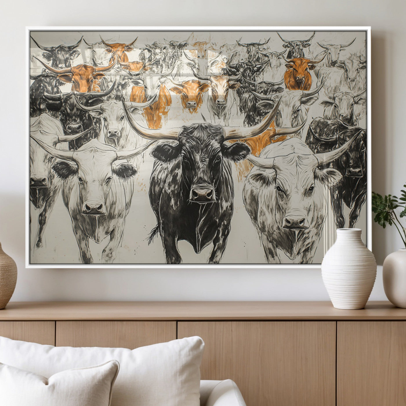 MGV-FP-36X24-3P - Texas Longhorn Wall Art - Herd Canvas Wall Art Print - Abstract Cow Drawing Wall Art Print for