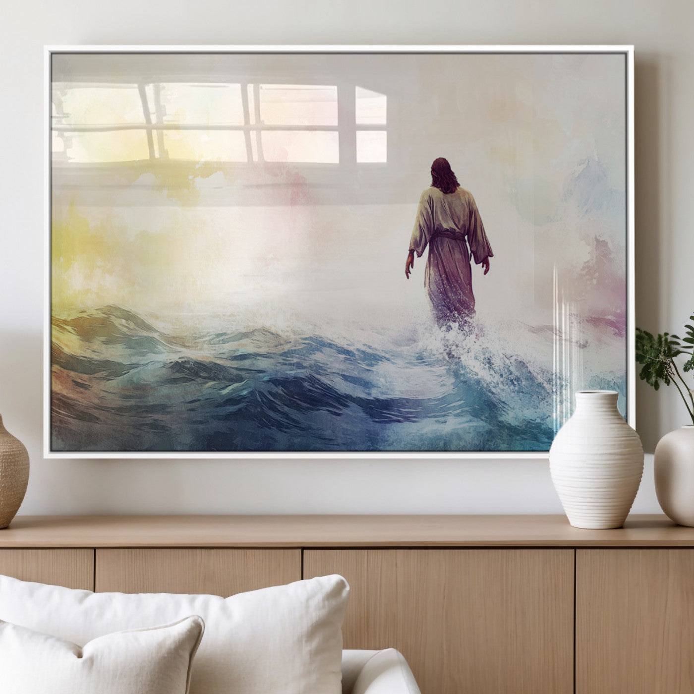 MGV-FP-60X30-3P - Watercolor Jesus Walking on Water Canvas Print, Christian Wall Art, Jesus Christ Walking