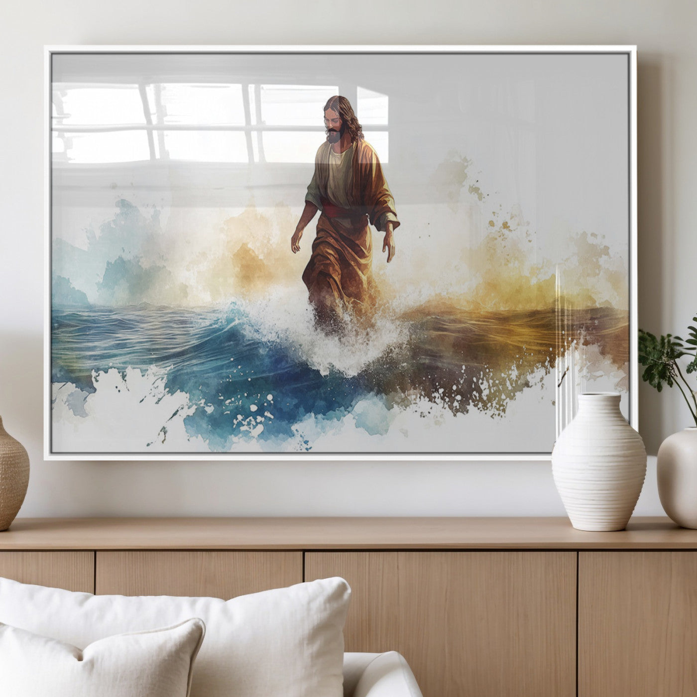 MGV-FP-60X30-3P - Watercolor Jesus Walking Wall Art Print, Jesus Water Canvas Print, Christian Wall Art, Jesus Christ