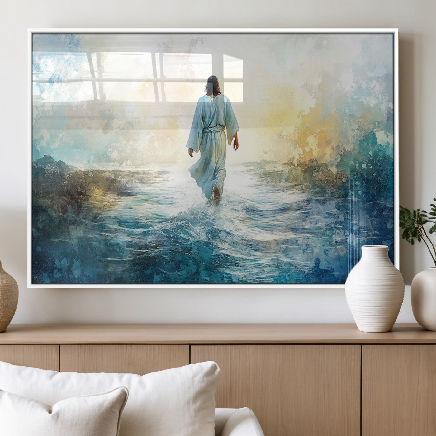 MGV-FP-60X30-3P - Watercolor Jesus Walking on Water Canvas Print, Christian Wall Art, Jesus Christ Walking