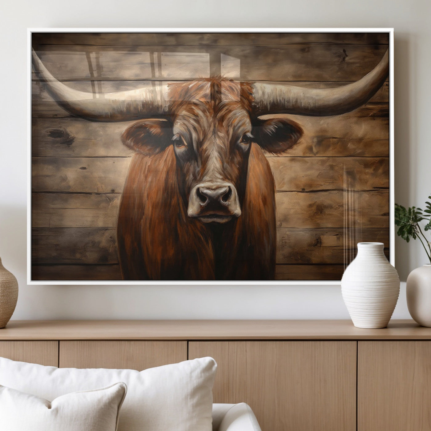 77556-MGV-FP-60X30-3P_White-Longhorn Bull Wall Art | Canvas Print | Ready to Hang | Rustic Farmhouse Wall Decor | Western Barn