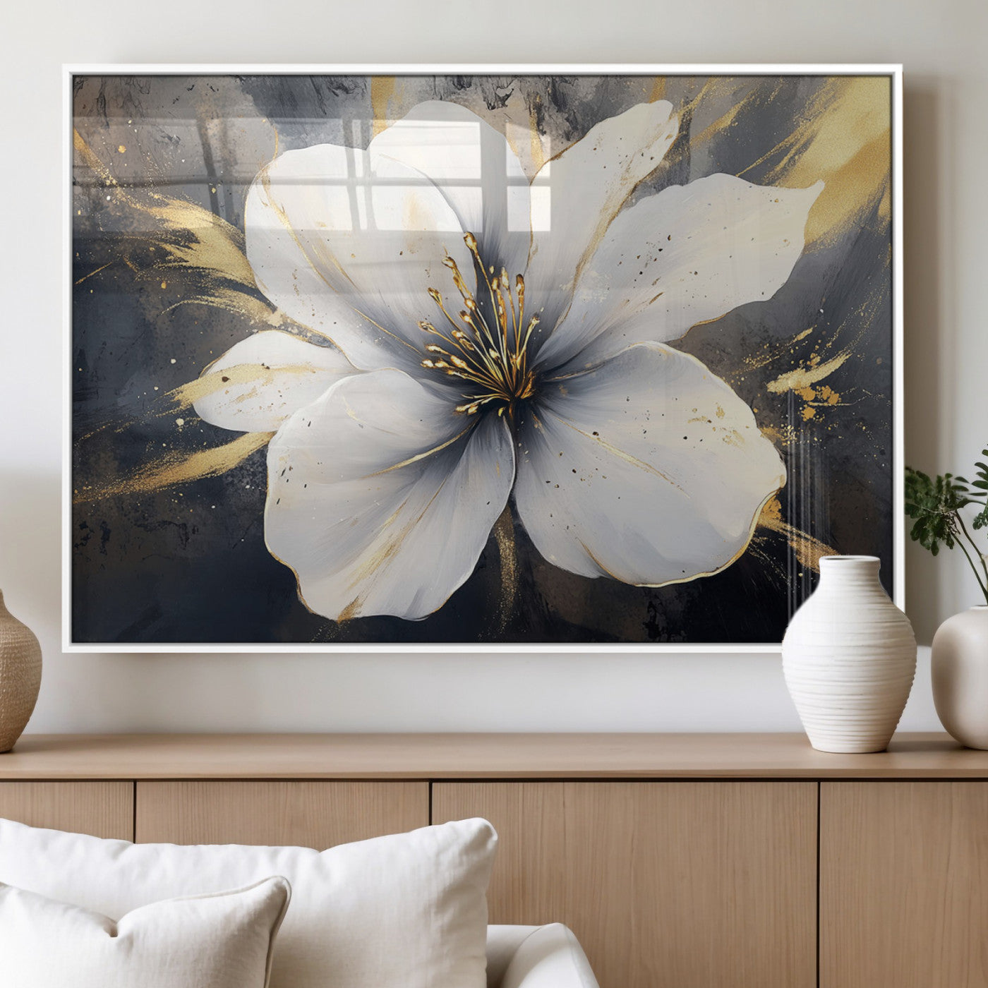 MGV-FP-60X30-3P - White Flower Wall Art Canvas Print | Ready to Hang | Abstract Floral Wall Decor | Elegant Bloom