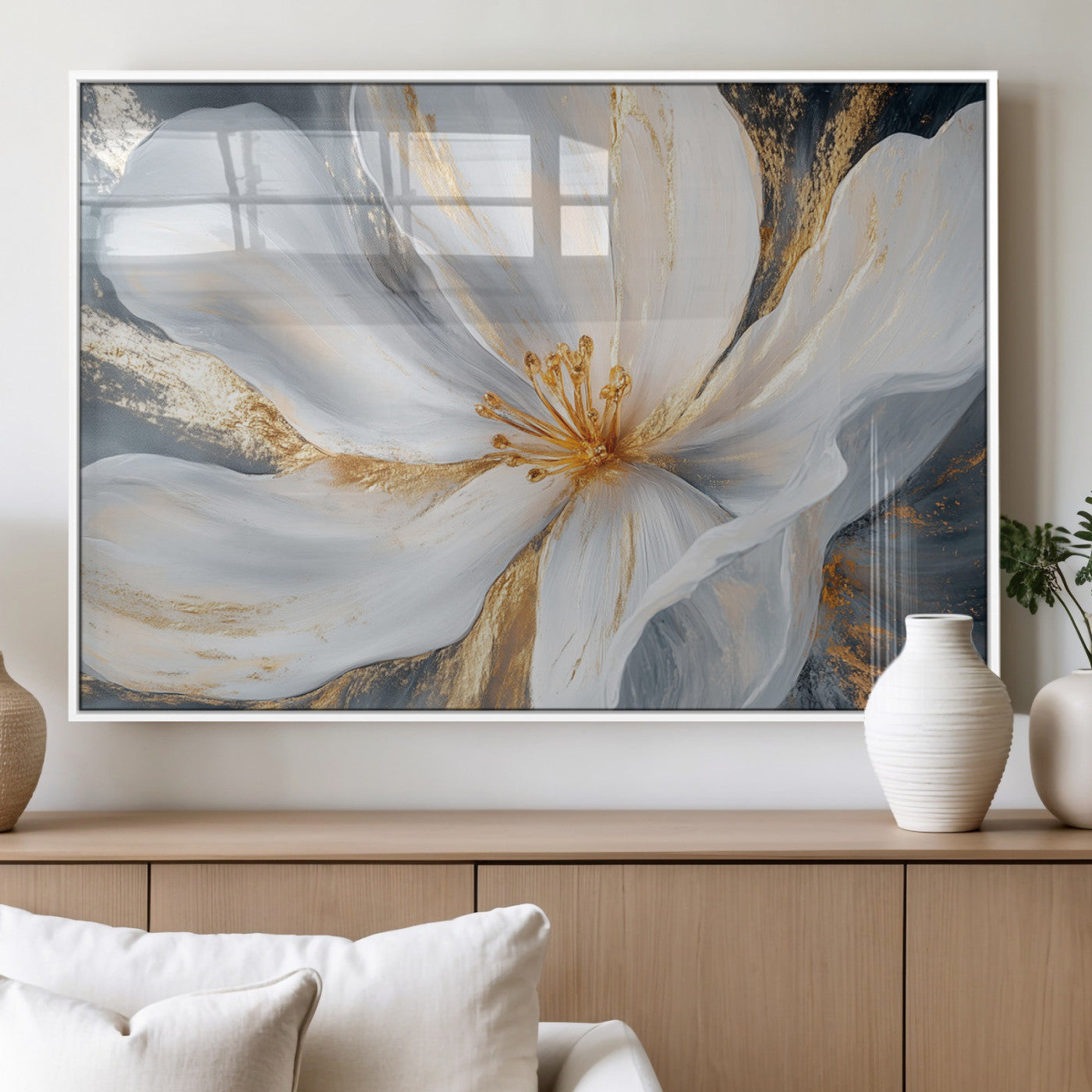 MGV-FP-60X30-3P - White and Gold Floral Canvas Wall Art - Framed and Ready to Hang - Perfect for Modern Living Rooms