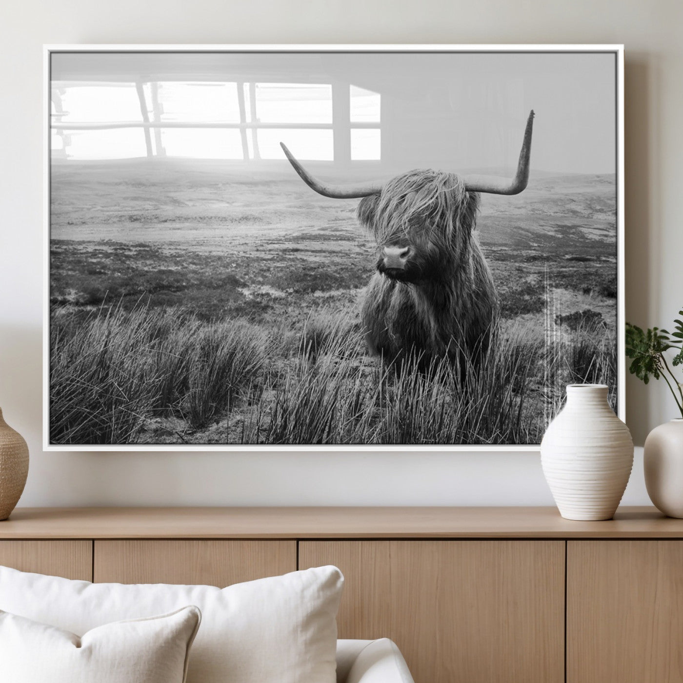 MGV-FP-60X30-3P - Scottish Highland Cow Wall Art | Black and White Canvas Print | Ready to Hang and Framed | Rustic