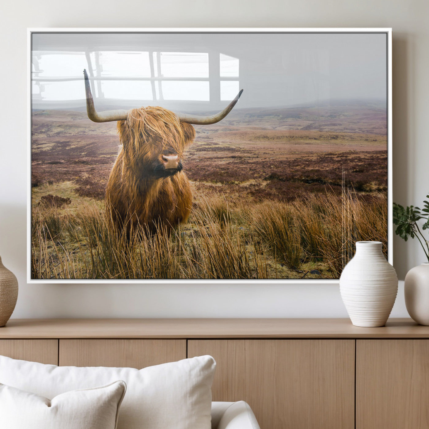 97274-MGV-FP-60X30-3P_White-Scottish Highland Cow Canvas Wall Art – Rustic Farmhouse Charm with Highland Cattle – Ready to Hang