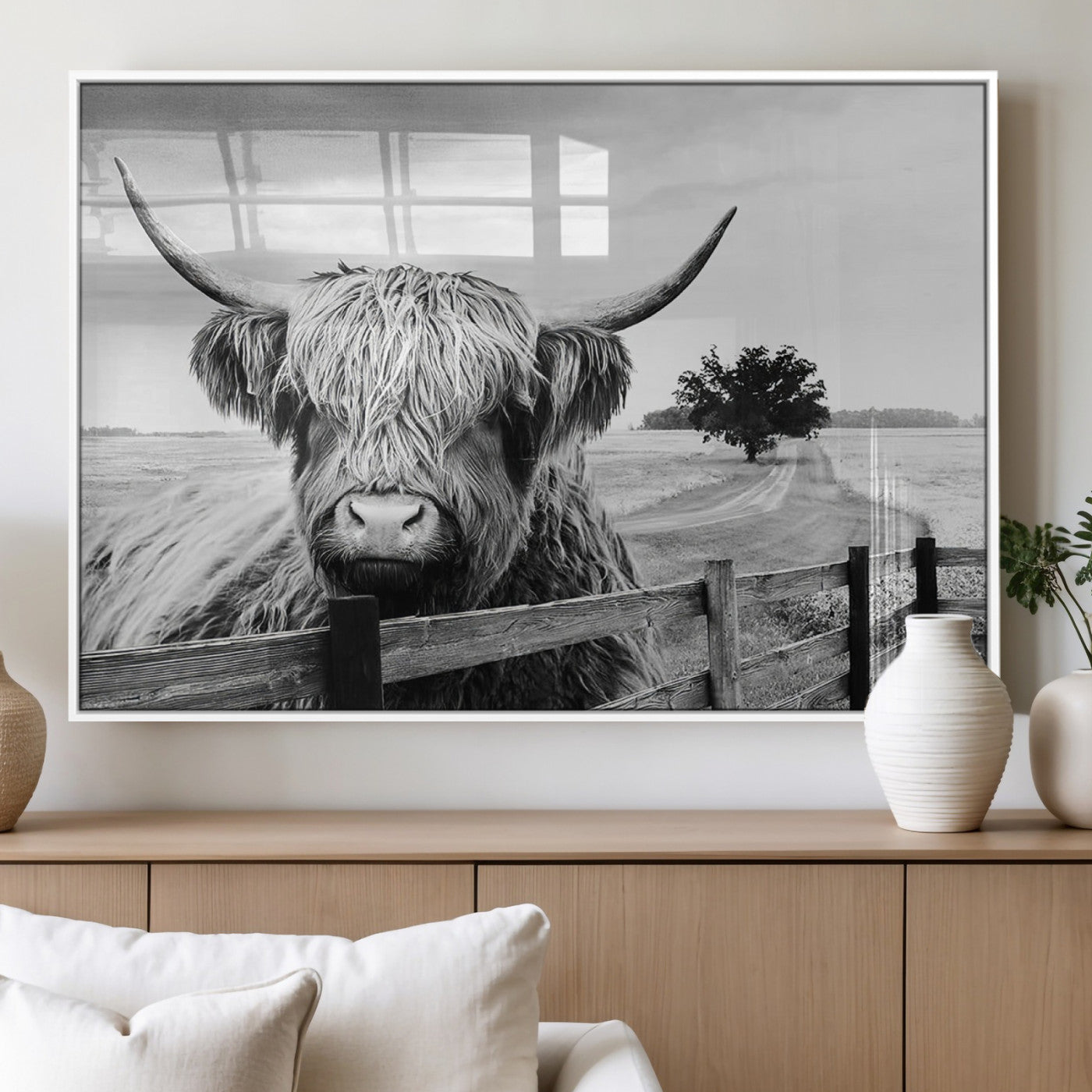 MGV-FP-60X30-3P - Scottish Highland Cow Wall Art | Rustic Farmhouse Décor | Black and White Ready to Hang Canvas Print