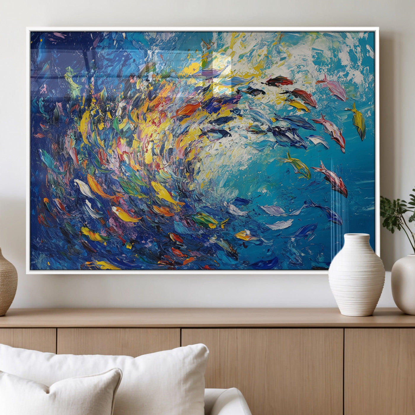 MGV-FP-60X30-3P - Colorful Swirling Fish School Wall Art Canvas Print | Oceanic Abstract Painting | Ready to Hang |