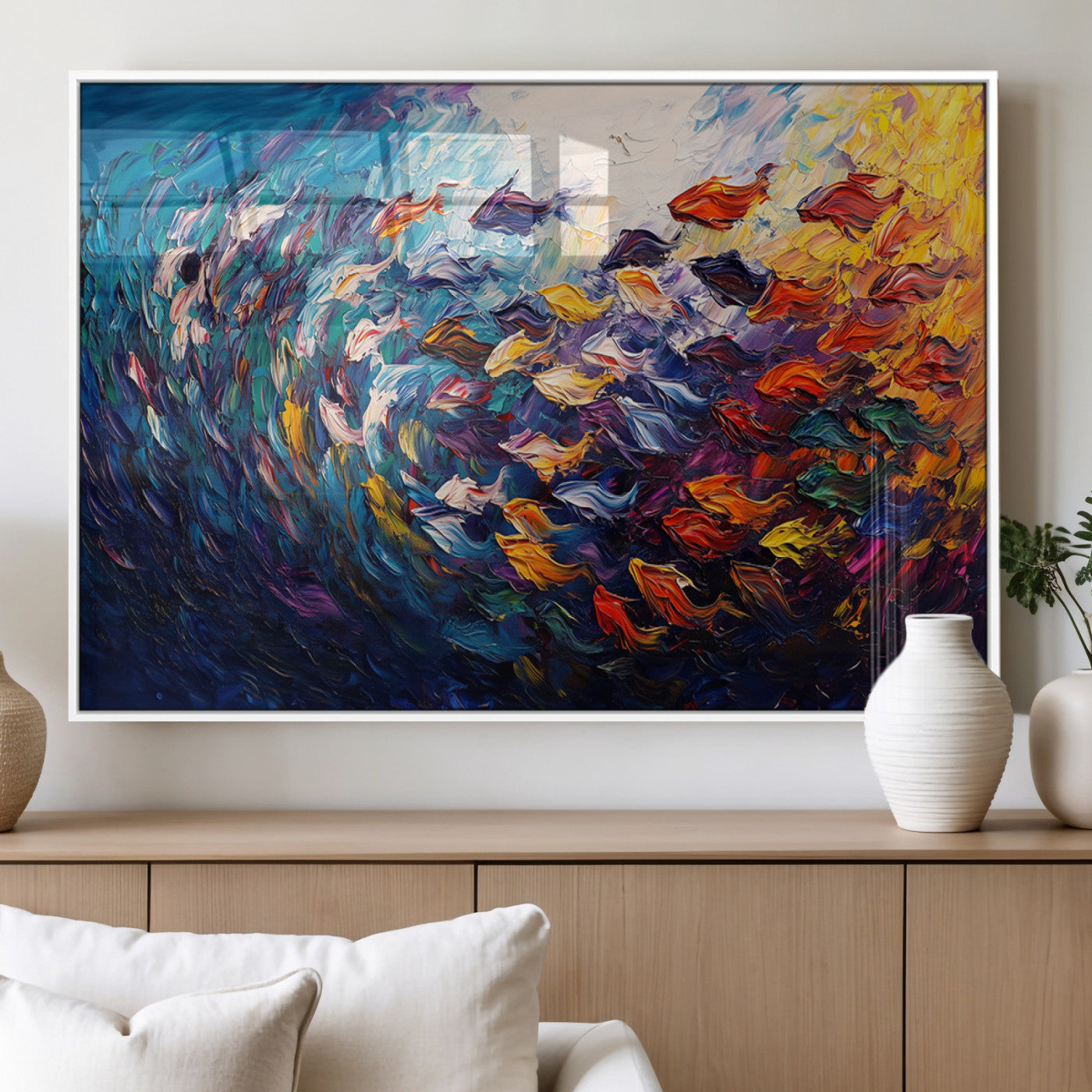 MGV-FP-60X30-3P - Vibrant Abstract Fish Swarm Art – Colorful Fish Inspired 3-Piece Canvas Wall Art for Living Room or