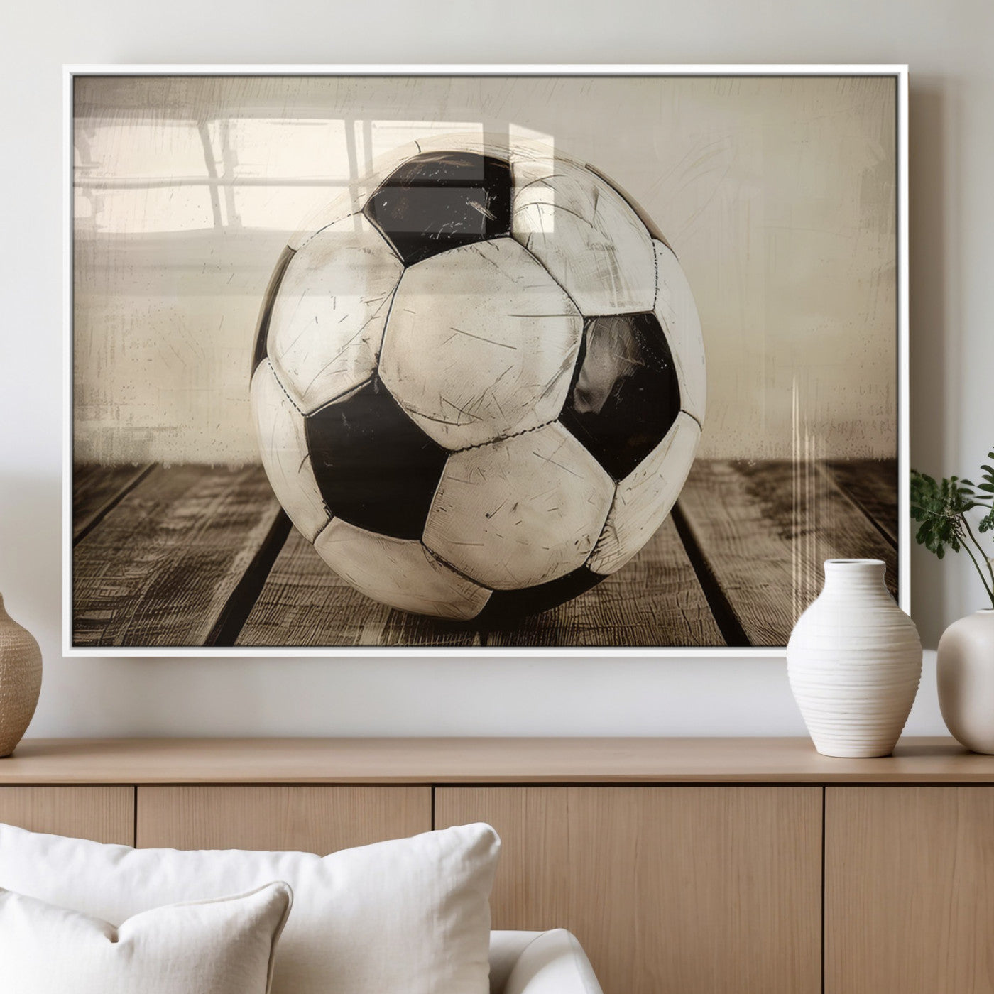 MGV-FP-60X30-3P - Vintage Soccer Ball Wall Decor Canvas Art – 3-Panel Soccer Wall Decor, Framed and Ready to Hang