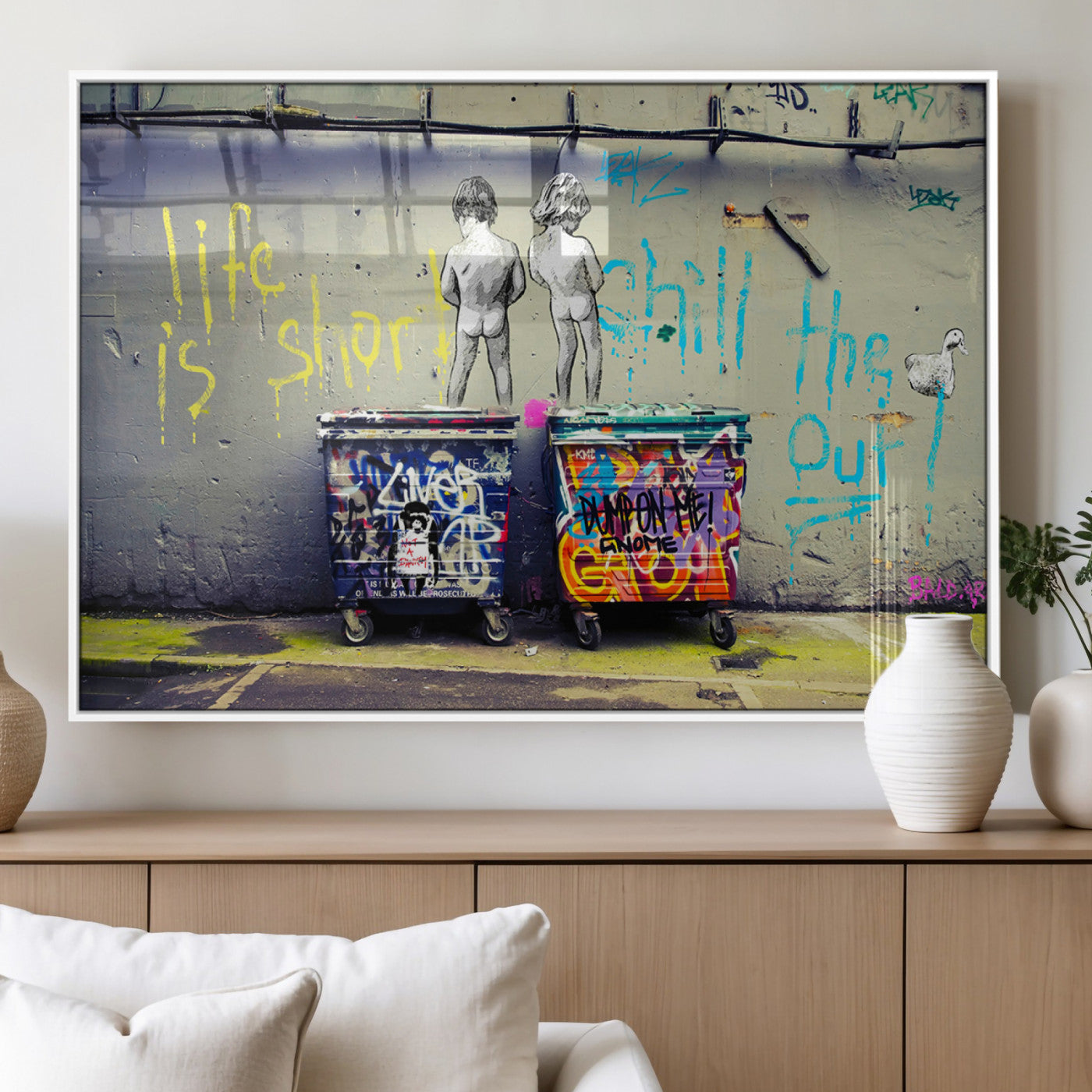 MGV-FP-60X30-3P - Banksy Life is Short Wall Art - Iconic Graffiti Art on Framed Ready-to-Hang Canvas - Street Art