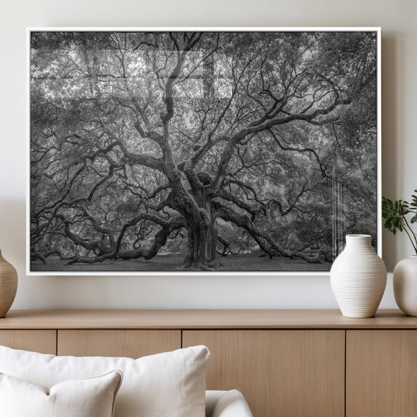 97240-MGV-FP-60X30-3P_White-Majestic Angel Oak Tree Black and White Canvas Print – Multi Panel Wall Art, Giclée Print, Ready to