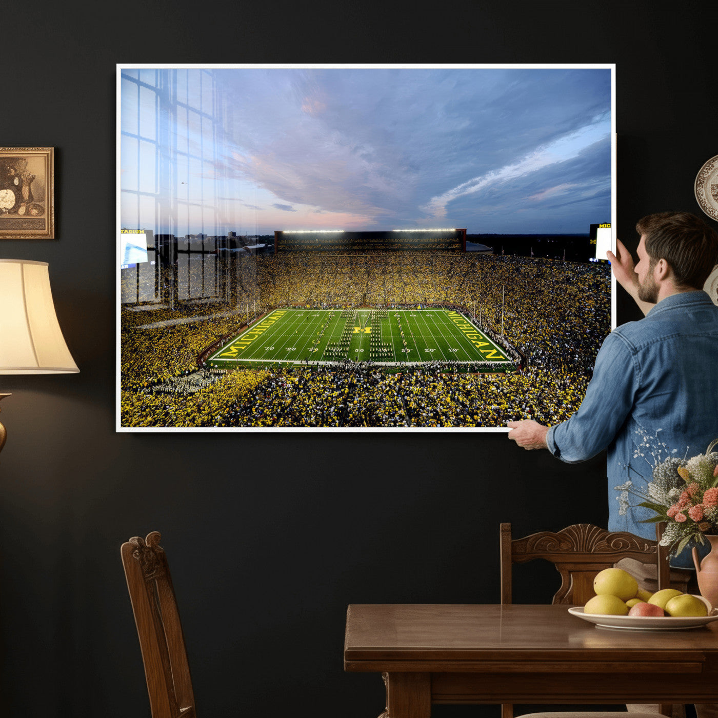82641-MGV-CV-36X24 - Michigan Stadium Wall Art Canvas Print, Vibrant Game Day Crowd and Sunset Sky Football Field Artwork for Home, Office