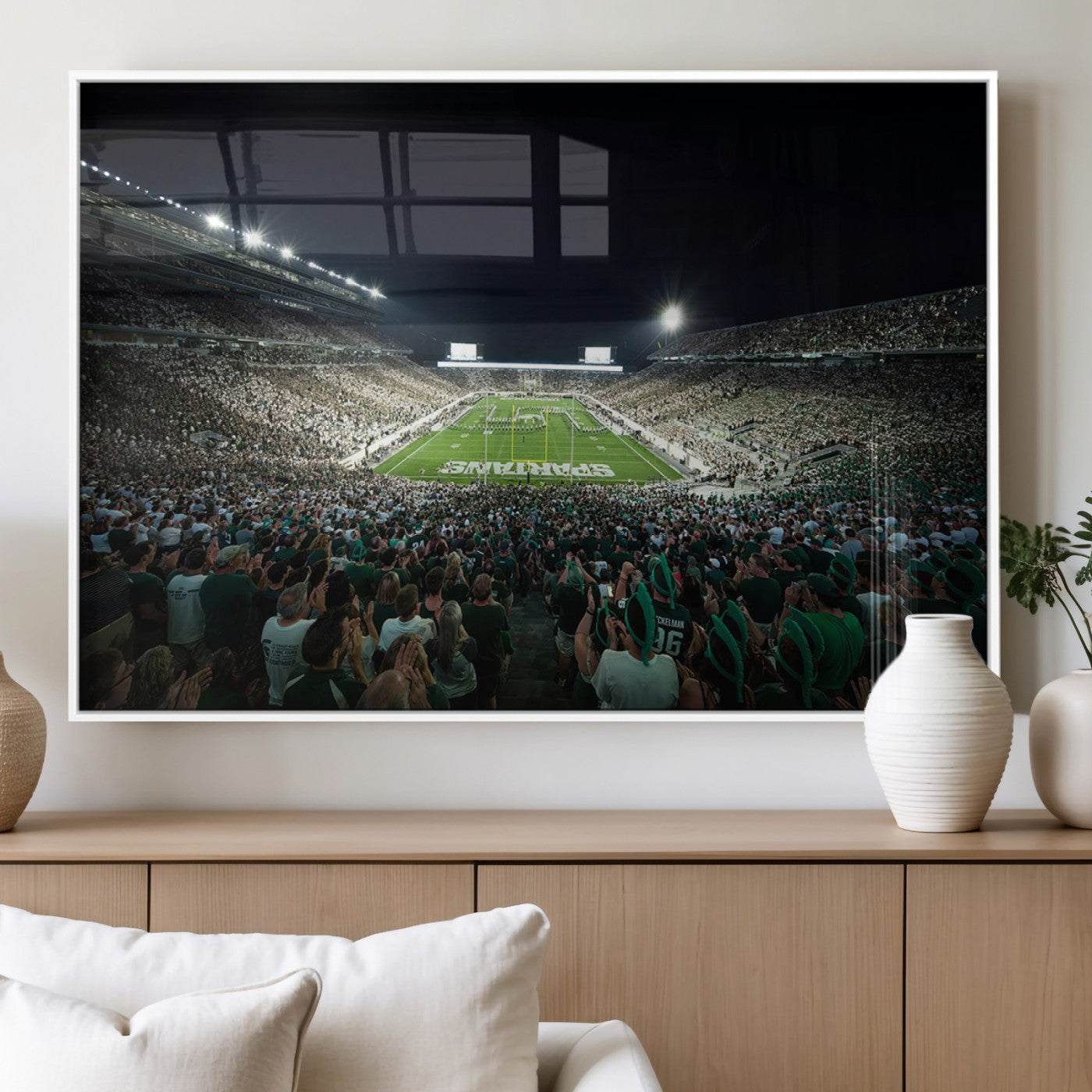 MGV-FP-60X30-3P - Framed Michigan State Spartans Football Team Print - East Lansing Spartan Stadium Wall Art Canvas