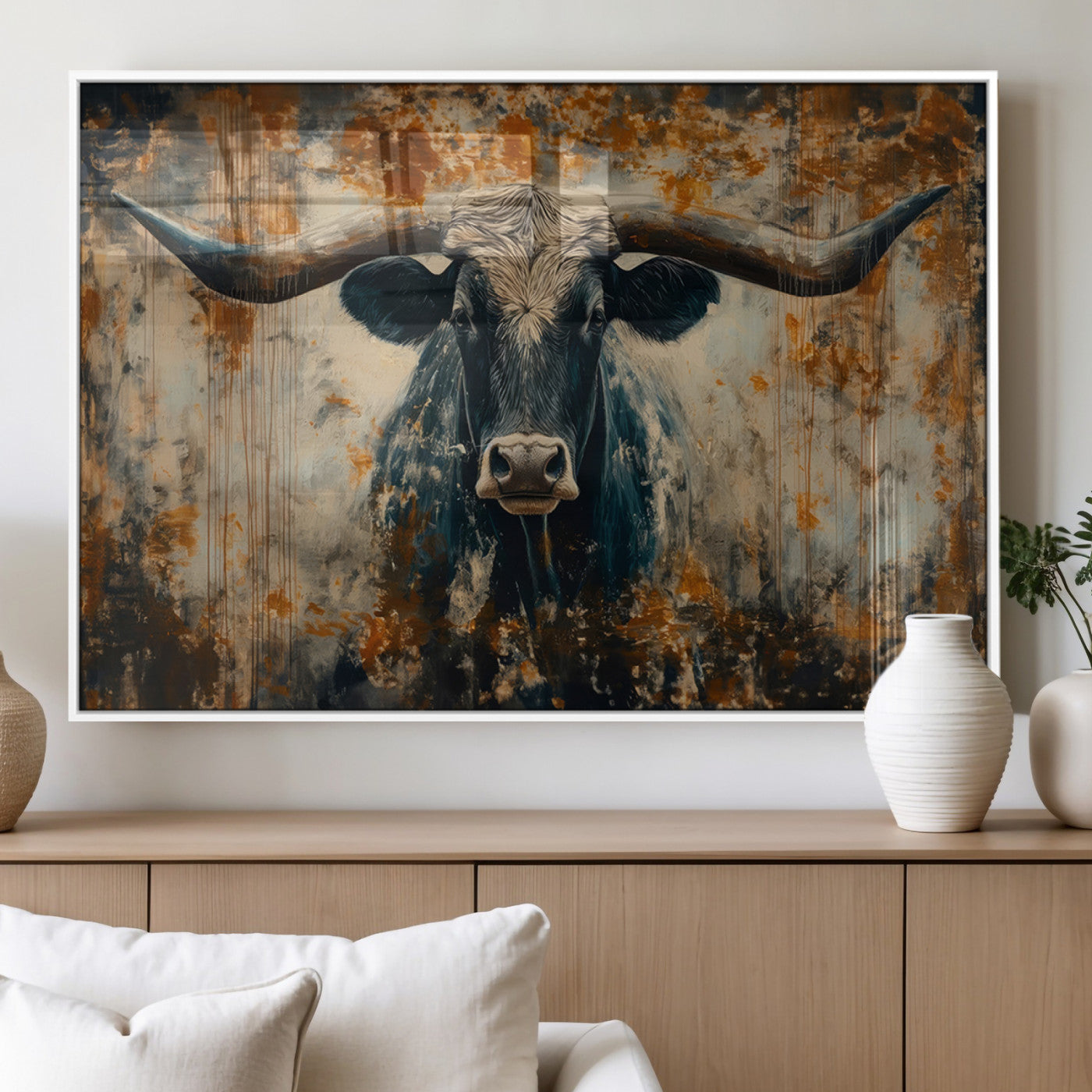 MGV-FP-60X30-3P - Abstract Longhorn Bull Wall Art | Rustic Western Wall Decor | Framed and Ready to Hang | Ideal for