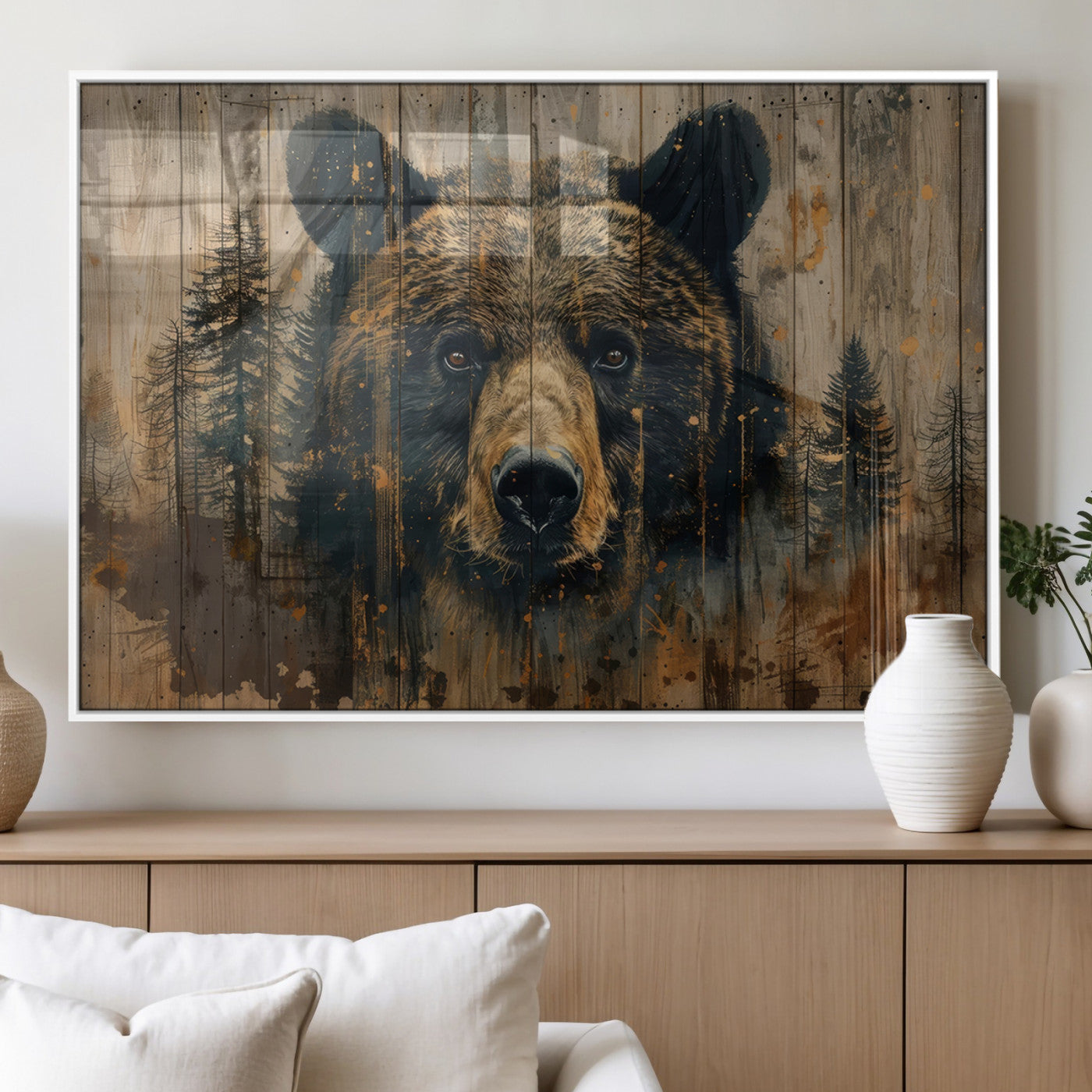 MGV-FP-60X30-3P - Abstract 399 Bear Wall Art | Rustic Cabin Wall Decor with Forest Design | Framed and Ready to Hang |