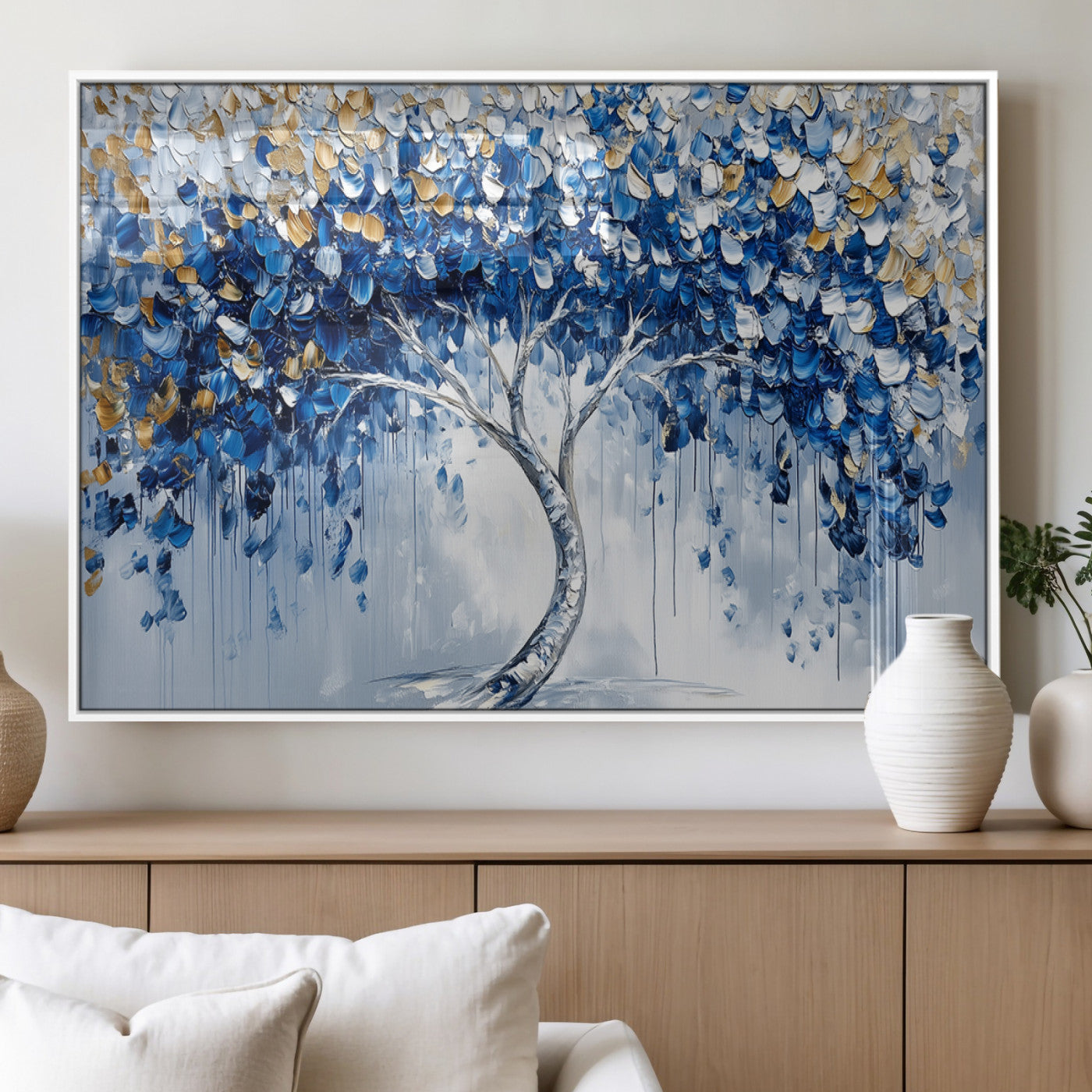 MGV-FP-60X30-3P - Blue and Gold Abstract Tree Wall Art Canvas Print | Modern Tree of Life Painting | Framed Canvas