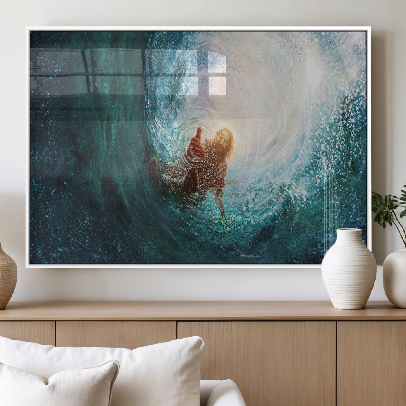 MGV-FP-60X30-3P - Powerful Jesus Canvas Print - Hand of Salvation, Inspirational Wall Art - Framed, Ready to Hang for