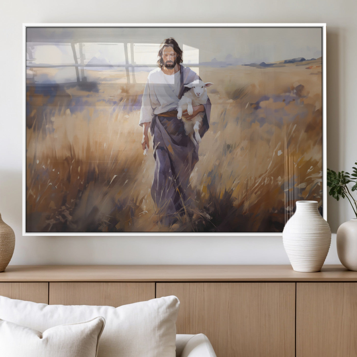 MGV-FP-60X30-3P - Jesus the Good Shepherd Wall Art Canvas Print - Lost Lamb Print for Prayer Room Decor