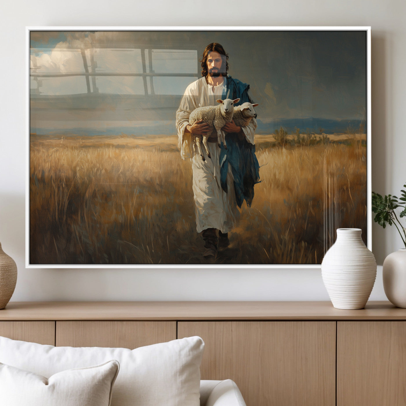 MGV-FP-60X30-3P - Jesus Shepherd Wall Art | Ready to Hang Triptych Canvas of Jesus Holding a Lamb in a Field |