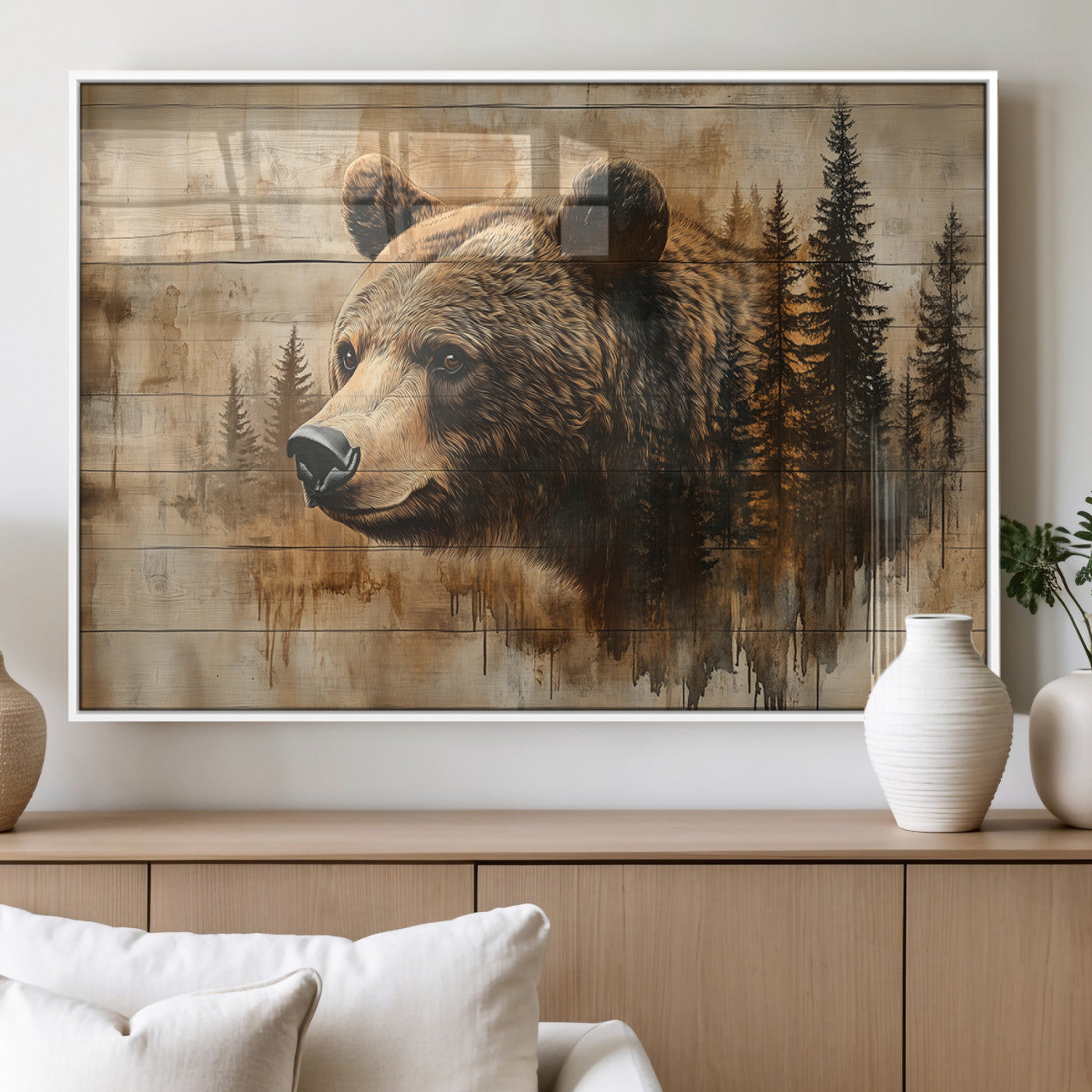 MGV-FP-60X30-3P - Rustic Grizzly Bear Wall Art, Abstract Grizzly 399 Bear Wall Art Canvas Print - Woodland Wildlife