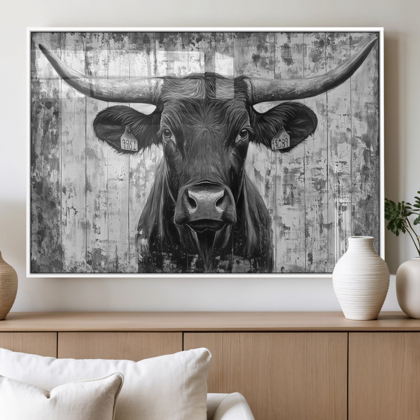 MGV-FP-60X30-3P - Abstract Longhorn Bull Wall Art Canvas Print - Rustic Texas Western Cow Artwork