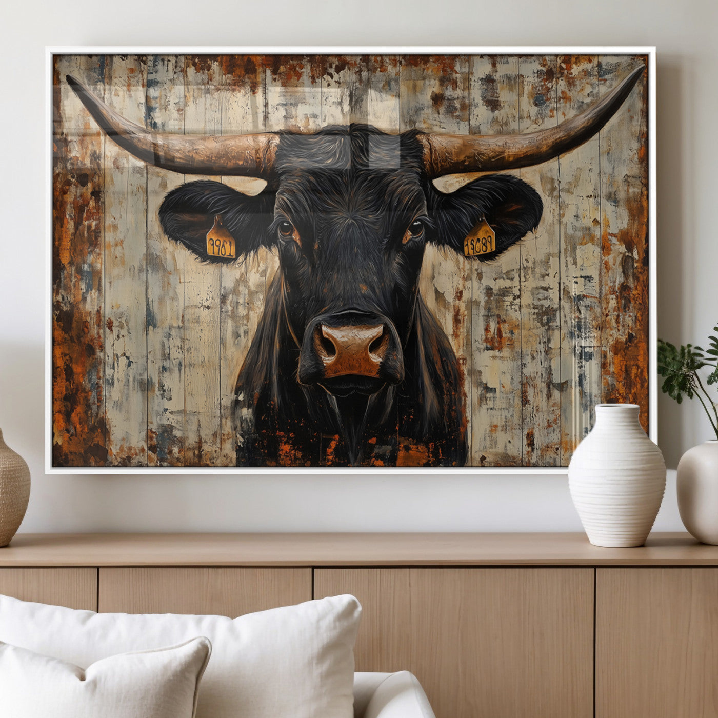 MGV-FP-60X30-3P - Rustic Texas Artwork Wall Art Canvas Print - Abstract Cow Longhorn Bull Wall Art Canvas Print