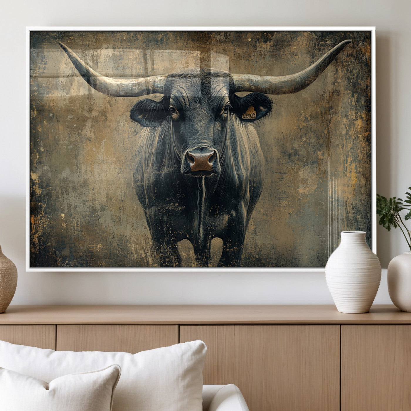 MGV-FP-60X30-3P - Longhorn Bull Wall Art Canvas Print, Framed Rustic Cow Art Picture Print, Texas Longhorn Perfect Western Decor Artwork